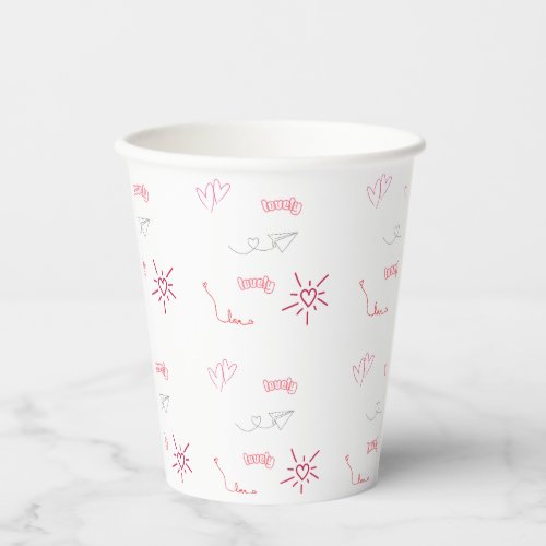 Cute Pink Hearts and Love Doodles Seamless Pattern Paper Cups