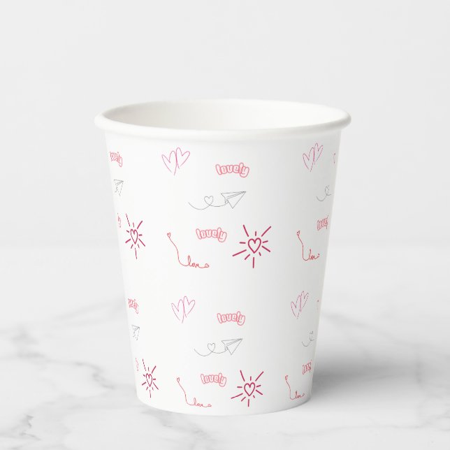 Cute Pink Hearts and Love Doodles Seamless Pattern Paper Cups (Front)