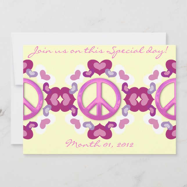 Cute Pink Hearts and Peace Sign Invitations (Front)