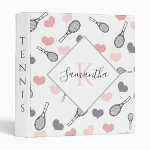 Cute Pink Hearts and Tennis Rackets Pattern Sports 3 Ring Binder