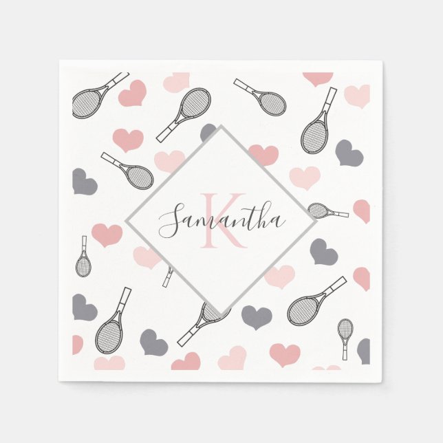 Cute Pink Hearts and Tennis Rackets Pattern Sports Napkins (Front)