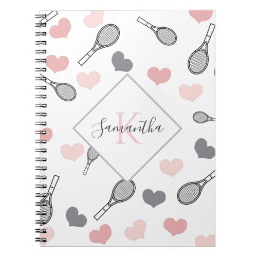 Cute Pink Hearts and Tennis Rackets Pattern Sports Notebook