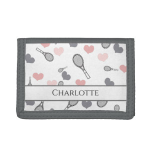 Cute Pink Hearts and Tennis Rackets Pattern Sports Trifold Wallet