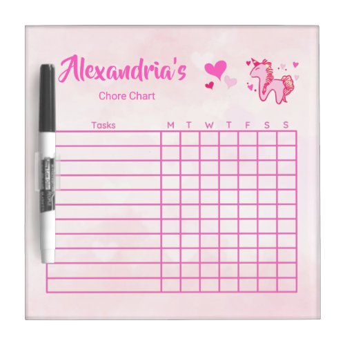 Cute Pink Hearts and Unicorn Girls Chore Chart Dry Erase Board