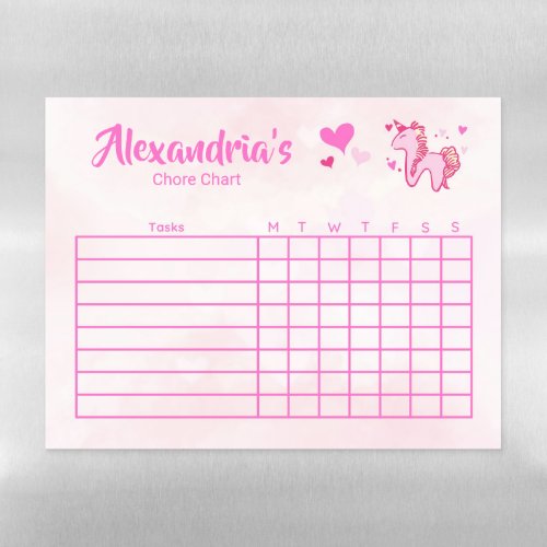Cute Pink Hearts and Unicorn Girls Chore Chart Magnetic Dry Erase Sheet