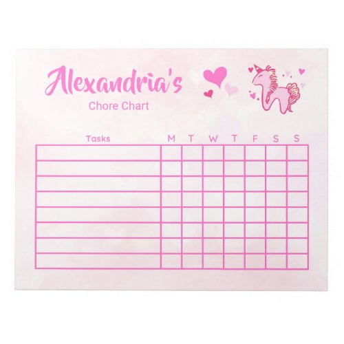 Cute Pink Hearts and Unicorn Girls Chore Chart Notepad