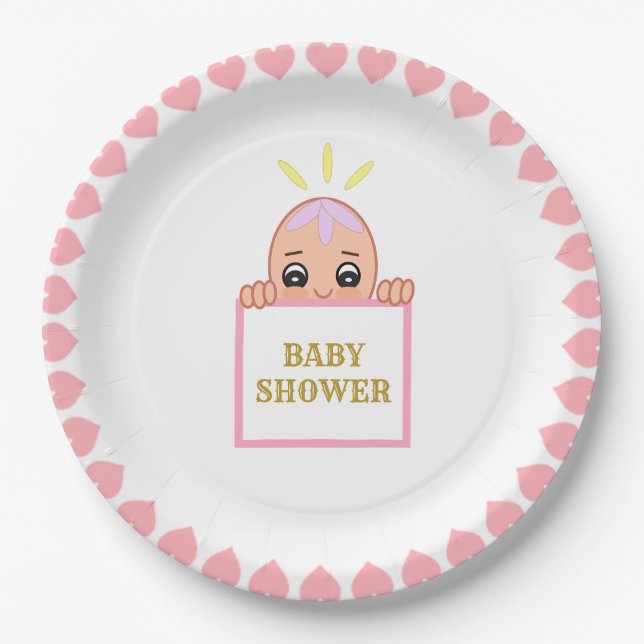 Cute Pink Hearts Baby Shower Paper Plates (Front)