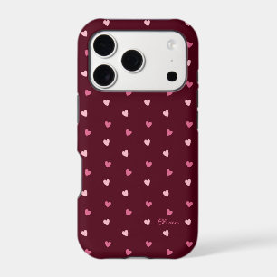 Cute Pink Hearts Burgundy Personalized iPhone 17 Pro Case