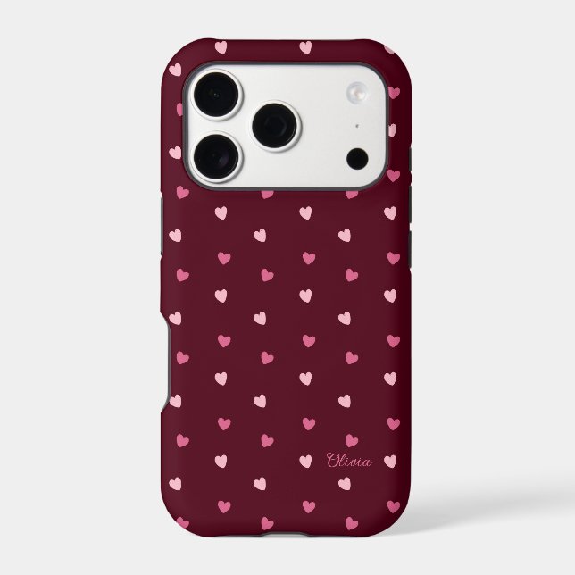 Cute Pink Hearts Burgundy Personalized Case-Mate iPhone Case (Back)