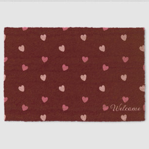 Cute Pink Hearts Burgundy Welcome Fiber Doormat