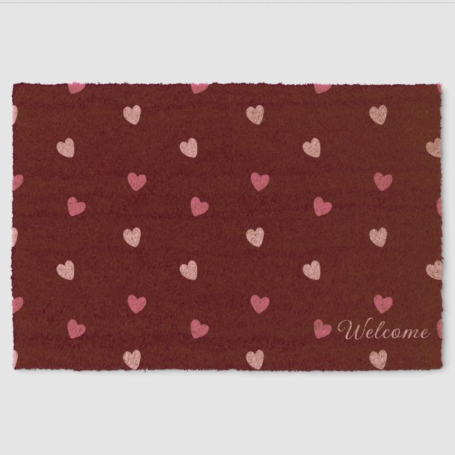 Cute Pink Hearts Burgundy Welcome Fiber Doormat (Front)