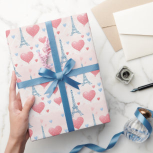 Cute Pink Hearts Chic Eiffel Tower Paris French Wrapping Paper