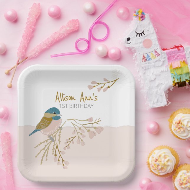 Cute Pink Hearts Chickadee Bird Floral Customize Paper Plates (Party)