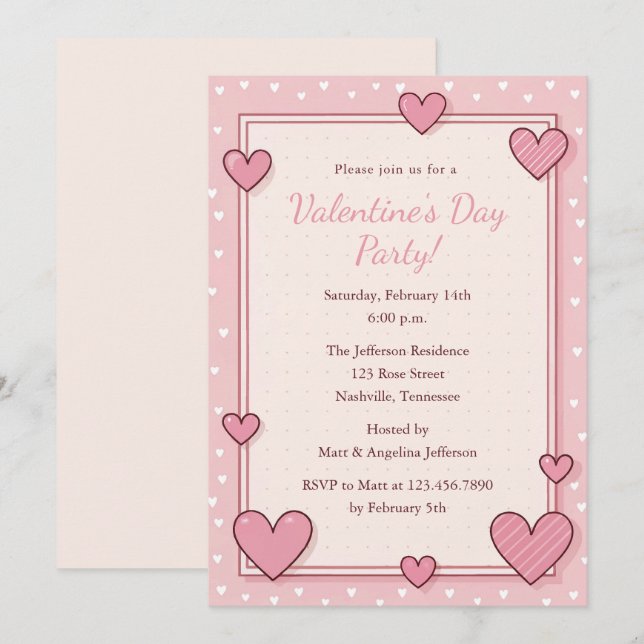 Cute Pink Hearts Frame Valentines Party Invitation (Front/Back)