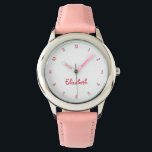 Cute Pink Hearts Girls Custom Name Girly Chic Kids Watch<br><div class="desc">Custom, personalized, kids girls fun cool pretty chic girly pink glitter strap, stainless steel case, wrist watch. Simply type in the name, to customize. Go ahead create a wonderful, custom watch for the lil princess in your life - daughter, sister, niece, grandaughter, goddaughter, stepdaughter. Makes a great custom gift for...</div>