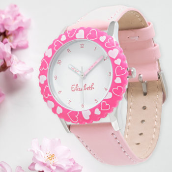 Cute Pink Hearts Girls Custom Name Girly Chic Kids Watch by iCoolCreate at Zazzle