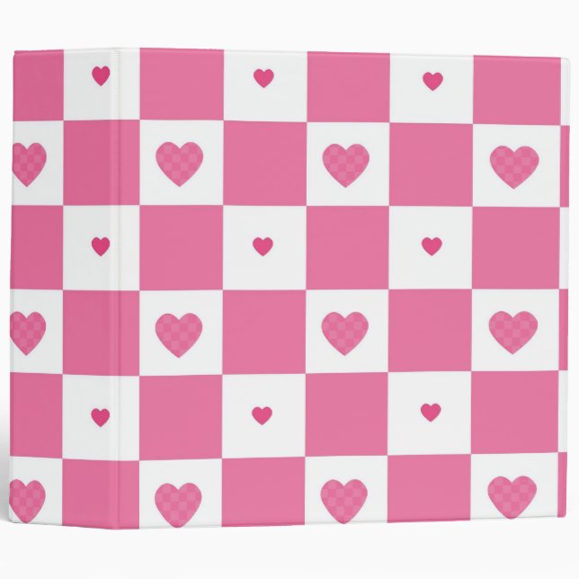 Cute Pink Hearts Girly Pink White Checker Pattern 3 Ring Binder (Front/Spine)