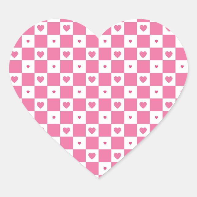 Cute Pink Hearts Girly Pink White Checker Pattern Heart Sticker (Front)