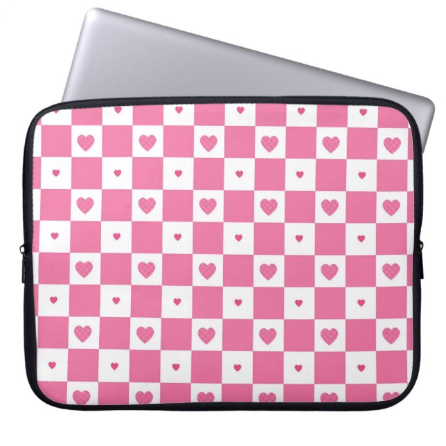 Cute Pink Hearts Girly Pink White Checker Pattern Laptop Sleeve (Front)