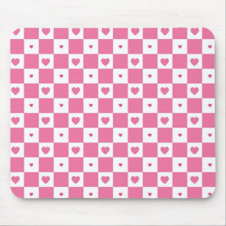 Cute Pink Hearts Girly Pink White Checker Pattern Mouse Pad
