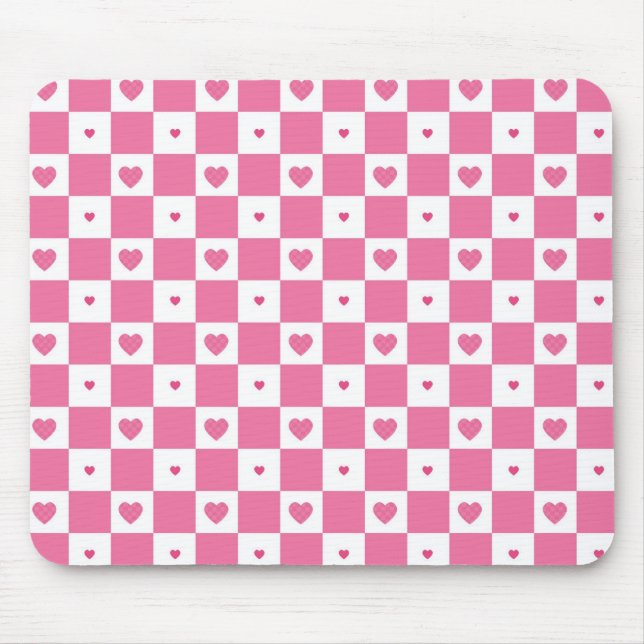 Cute Pink Hearts Girly Pink White Checker Pattern Mouse Pad (Front)