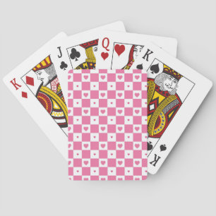 Cute Pink Hearts Girly Pink White Checker Pattern Poker Cards