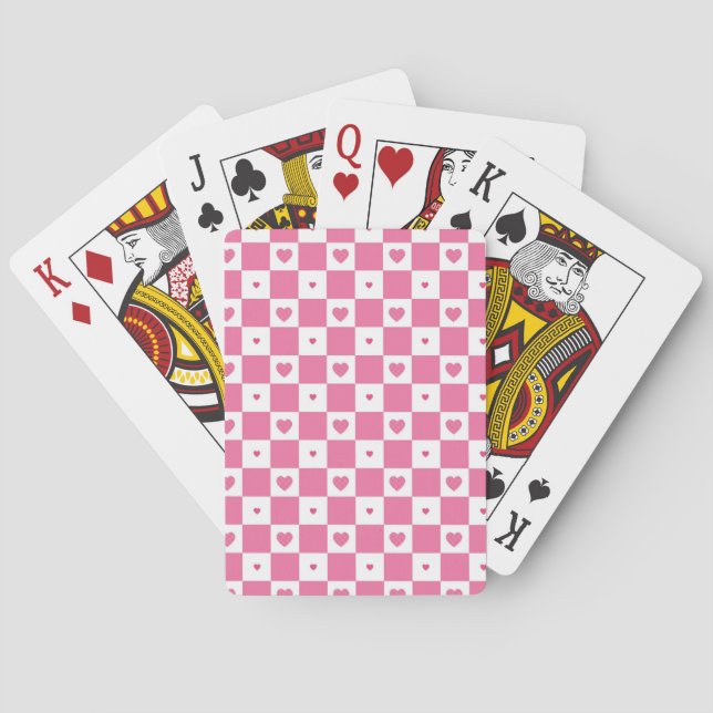 Cute Pink Hearts Girly Pink White Checker Pattern Poker Cards (Back)