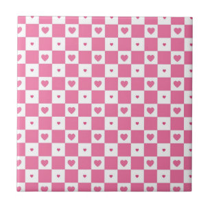 Cute Pink Hearts Girly Pink White Checker Pattern Tile