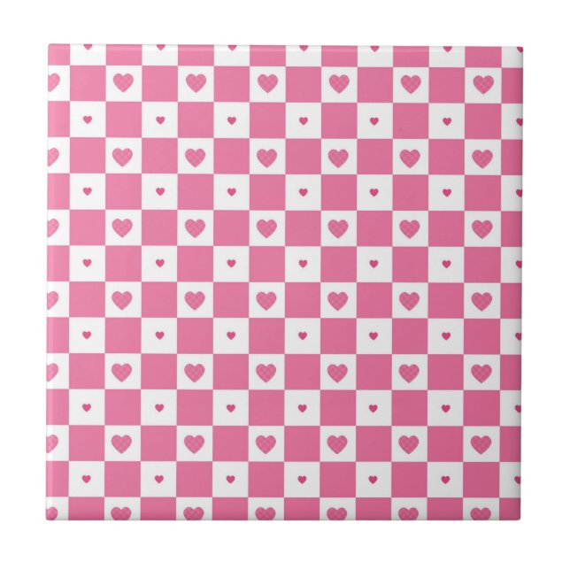 Cute Pink Hearts Girly Pink White Checker Pattern Tile (Front)