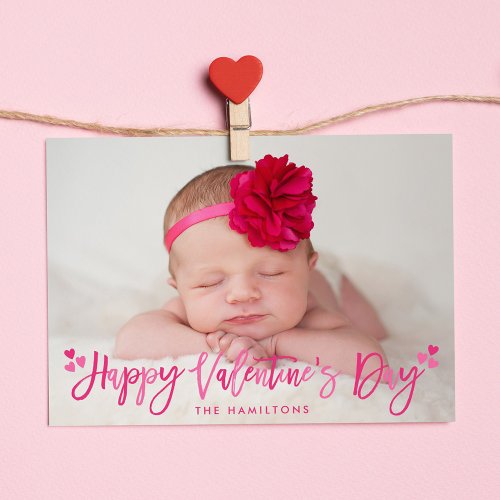 Cute Pink Hearts Happy Valentines Day Photo Holiday Card