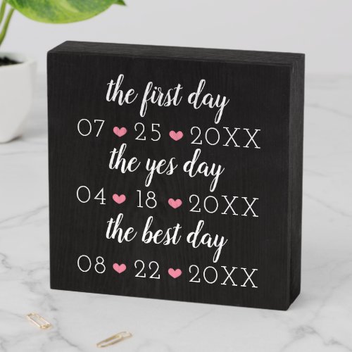 Cute Pink Hearts Important Dates Wedding Wooden Box Sign