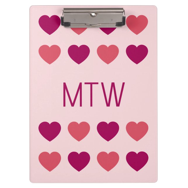 Cute Pink Hearts Initials Monogram Clipboard (Front)