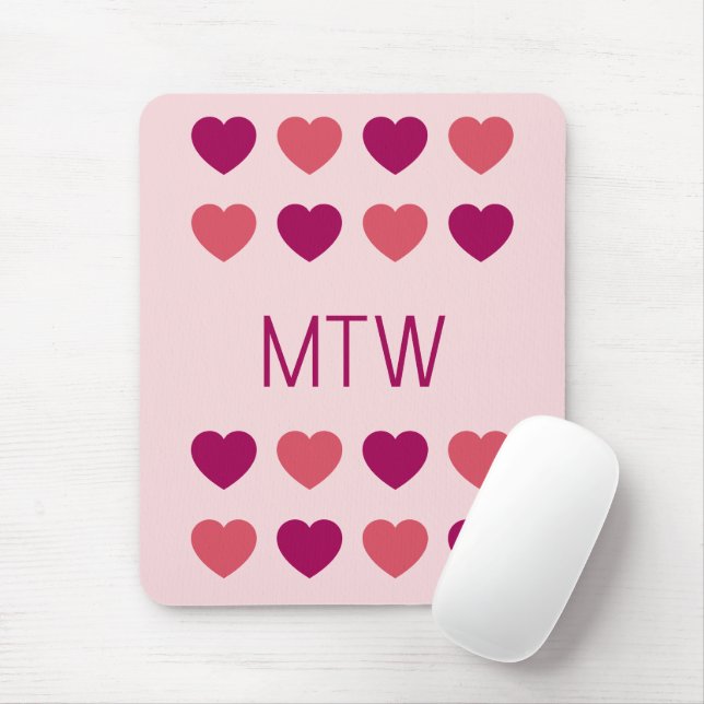 Cute Pink Hearts Initials Monogram Mouse Pad (With Mouse)