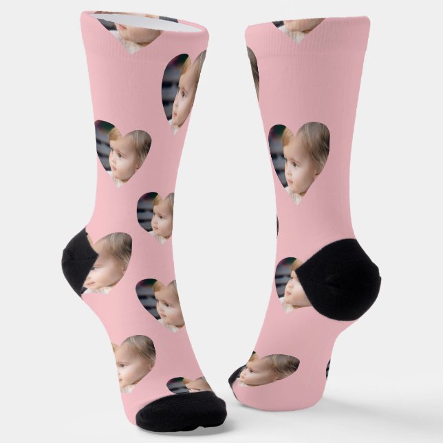 Cute Pink Hearts Kids Photo Custom Face Socks (Angled)