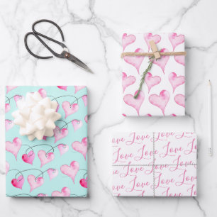 Cute Pink Hearts & Love Pattern Watercolor Wrapping Paper Sheets