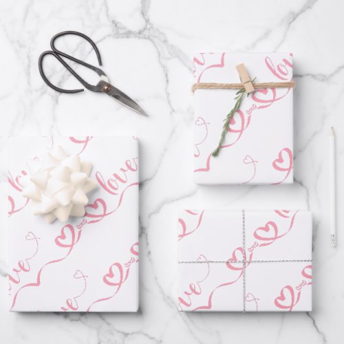 Cute Pink Hearts  Love Script Valentines Day Wrapping Paper Sheets