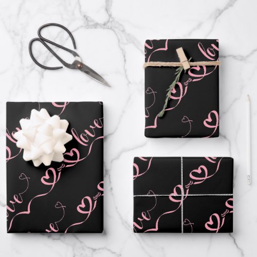 Cute Pink Hearts  Love Script Valentines Day Wrapping Paper Sheets