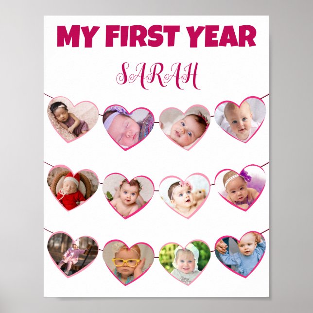 Cute Pink Hearts My First Year 12 Photo Collage Poster (Front)