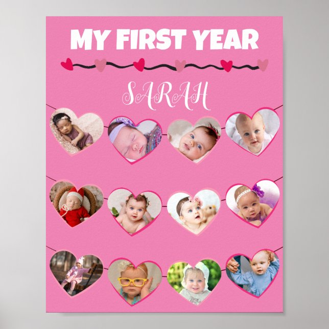 Cute Pink Hearts My First Year 12 Photo Collage Poster (Front)