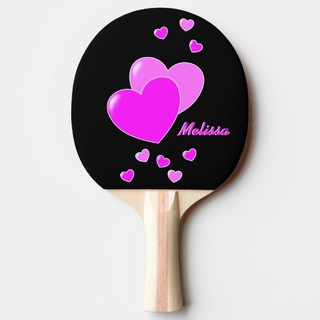 Cute Pink Hearts On Black/ White, Custom Name Kids Ping Pong Paddle (Back)