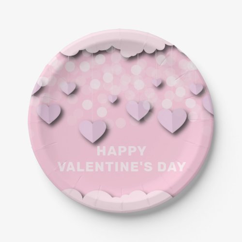 Cute Pink Hearts On Strings  Clouds Valentines Paper Plates