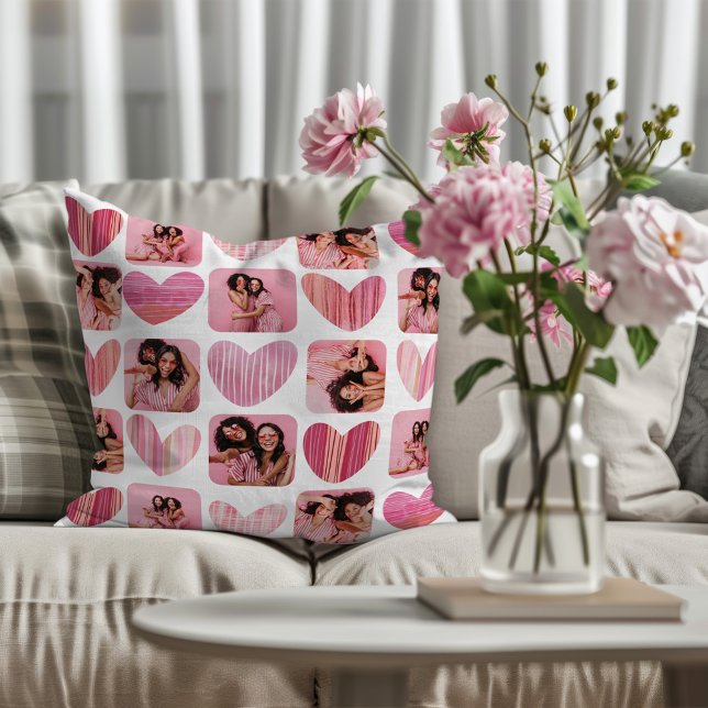 Cute Pink Hearts & Photo Collage Pattern  Throw Pillow (Creator Uploaded)