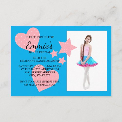 Cute Pink Hearts Stars Blue Dance Recital Photo Invitation