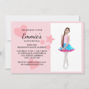 Cute Pink Hearts Stars Dance Recital Photo Invite