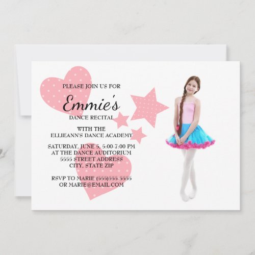 Cute Pink Hearts Stars Dance Recital Photo Invite