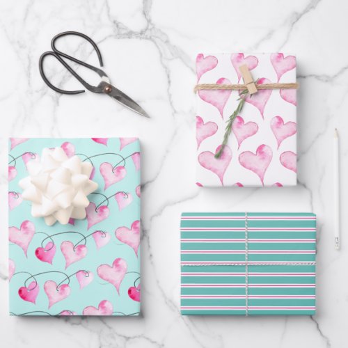 Cute Pink Hearts  Stripes Pattern Watercolor Wrapping Paper Sheets