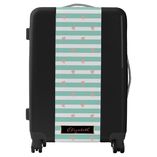 Cute Pink Hearts, Stripes- Personalized Luggage (Front)