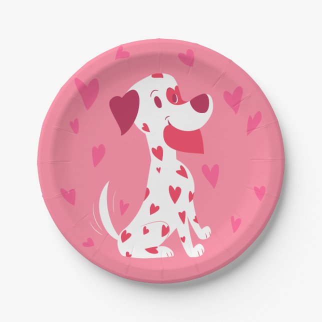 Cute Pink Hearts Valentine Dalmatian Paper Plates (Front)