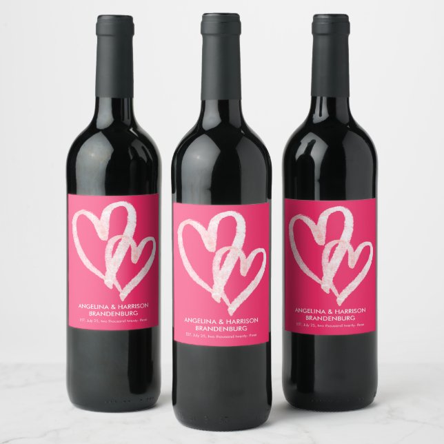 Cute Pink Hearts Valentines Couples  Wine Label (Bottles)