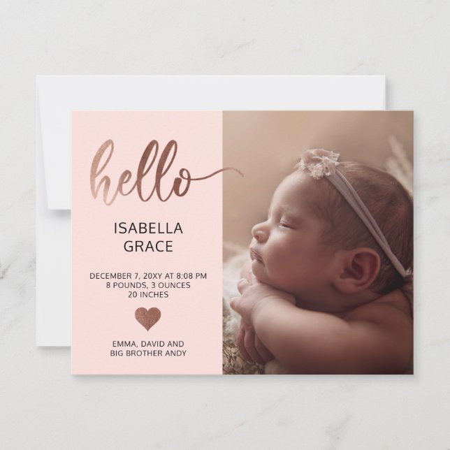 Cute Pink Hello Photo Baby Announcement (Front)